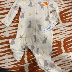 Carter's White Footed One-Piece Pajamas with Gray Bunny and Yellow Chick Print